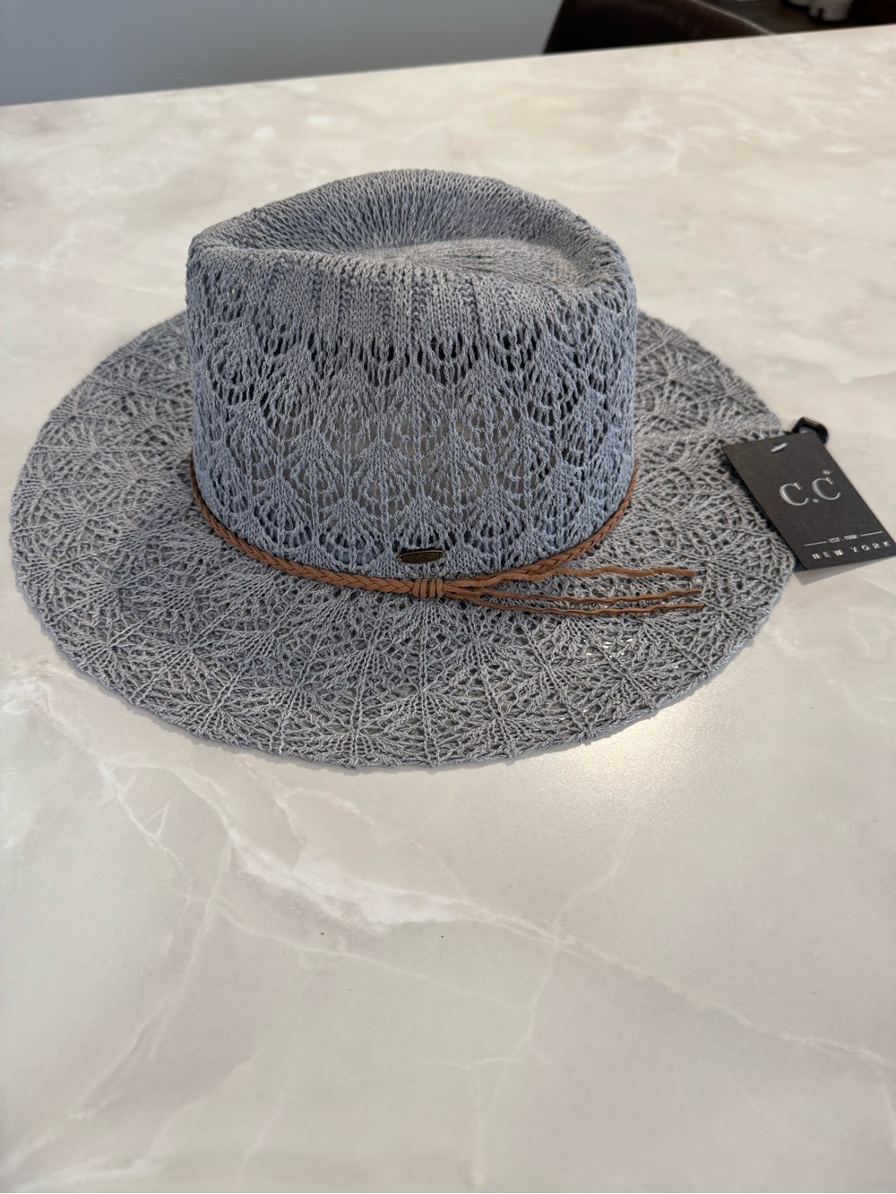 C.C Women’s Gray Knit Straw Fedora with Brown Band